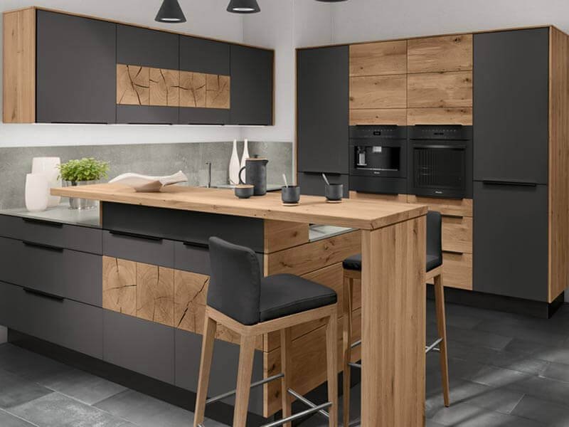 Kücheninsel grau Holz Decker Design E-Geräte